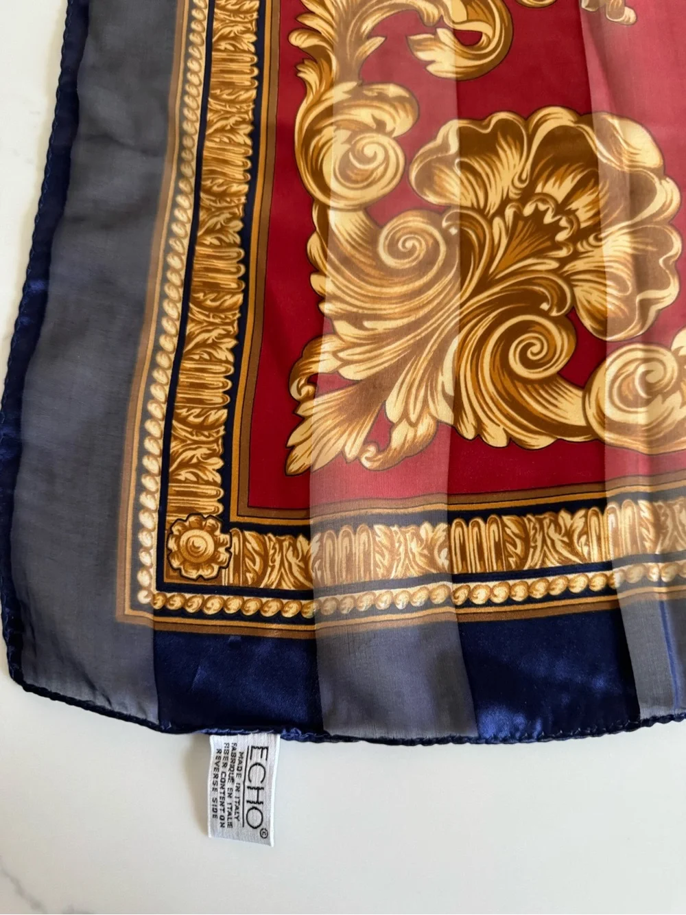 Echo Vintage Navy & Gold Baroque Silk Scarf Made in Italy